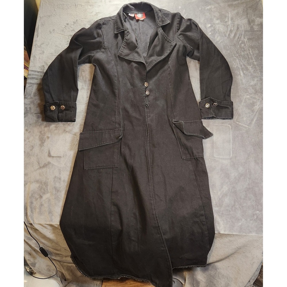 Redballs On Fire Trench Coat Mens XL Black Denim Reverend Duster Goth 90s VTG
